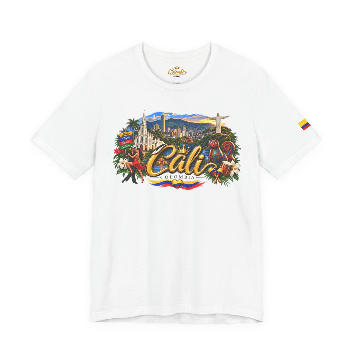 Camiseta Colombia Dorada – Cali Colombia | Diseño Turístico Premium con Bandera Colombiana | Colección Destinos de Colombia
