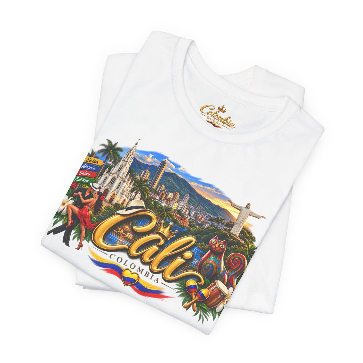 Camiseta Colombia Dorada – Cali Colombia | Diseño Turístico Premium con Bandera Colombiana | Colección Destinos de Colombia
