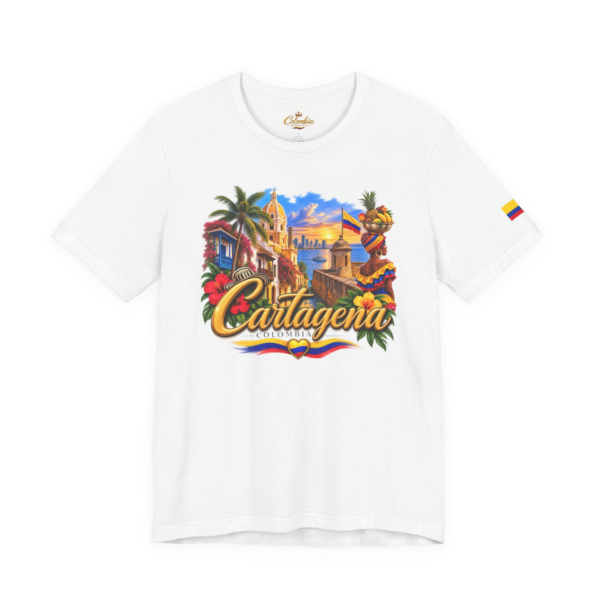 Camiseta Colombia Dorada – Cartagena Colombia | Diseño Turístico Premium con Bandera Colombiana | Colección Destinos de Colombia