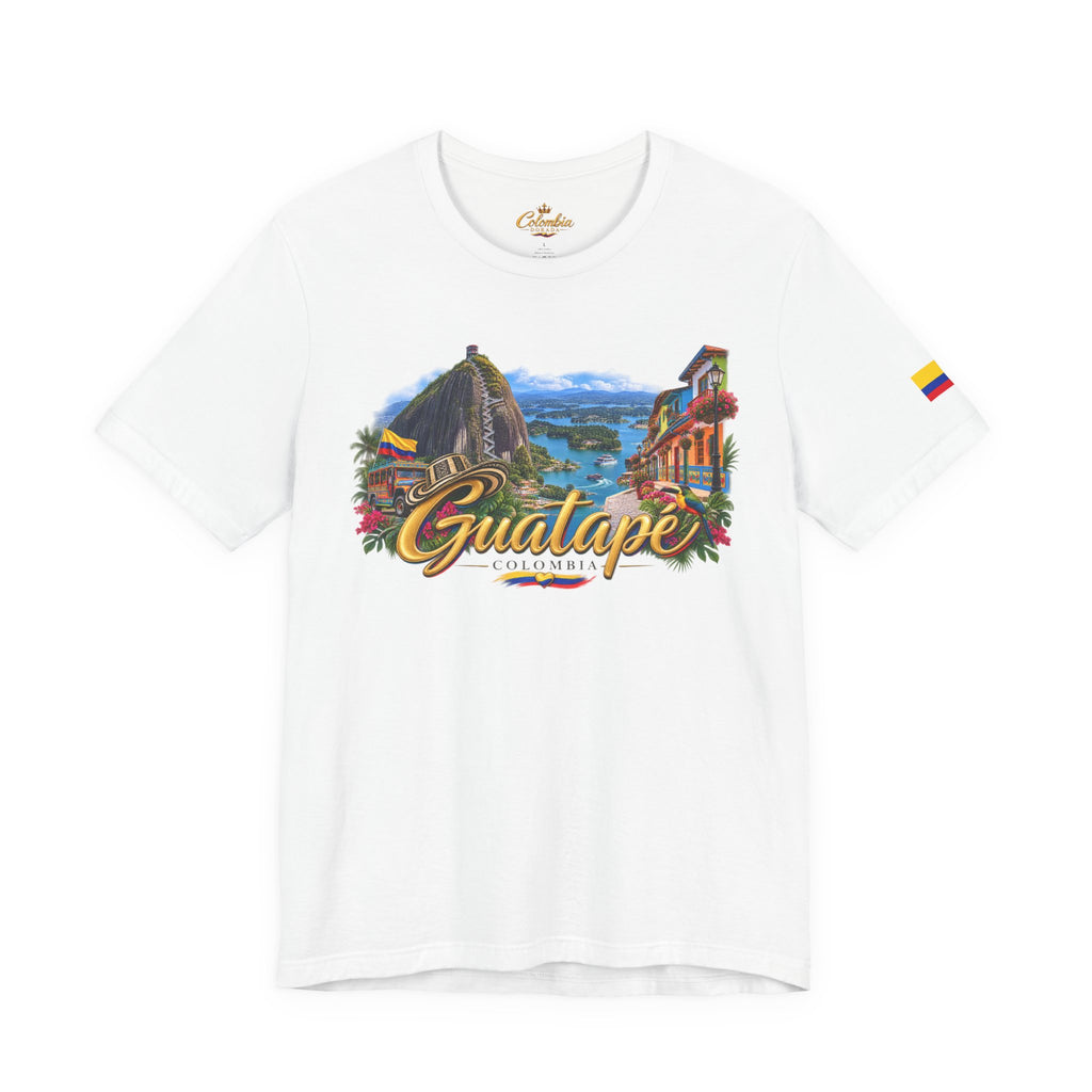Camiseta Colombia Dorada – Guatapé Colombia | Diseño Turístico Premium con Bandera Colombiana | Colección Destinos de Colombia
